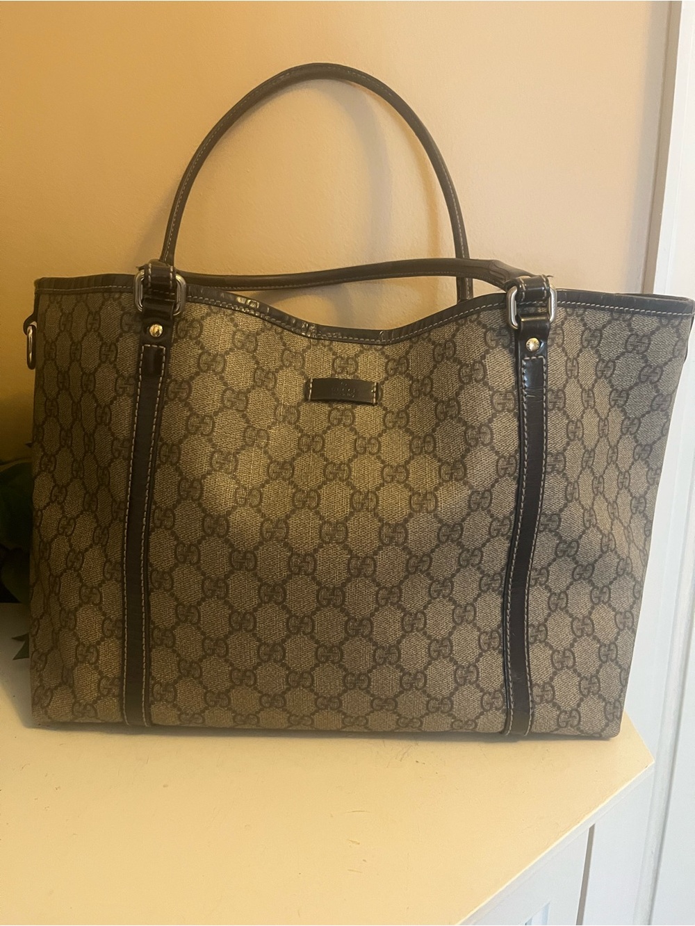 Gucci Brown Beige Monogram Tote with Dark Brown Trim & Interior.